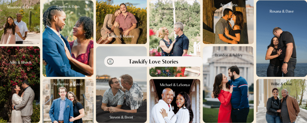 Real life Tawkify success stories. A collage of twelve happy couples who found each using Tawkify matchmaking services.