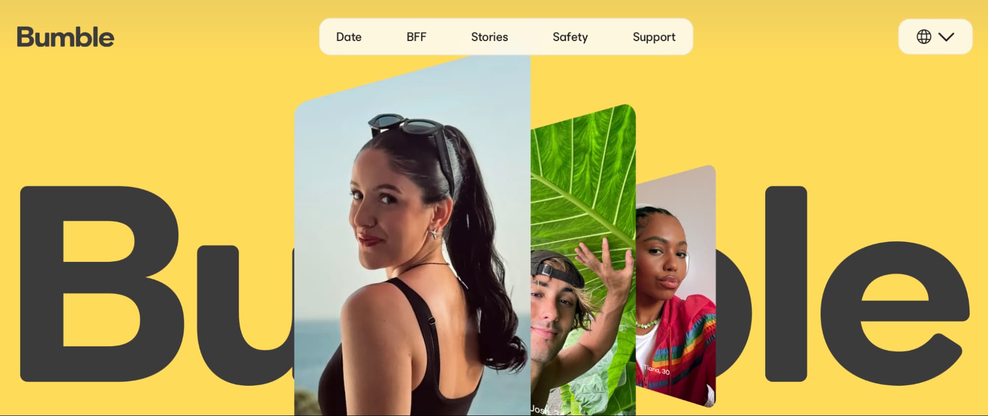 Screenshot of the Bumble website homepage with a yellow background, showing the Bumble logo and photos of women using the app.
