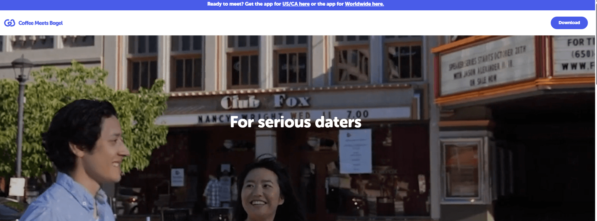 Coffee Meets Bagel homepage showing a smiling couple outside a theater, with the tagline "For serious daters"