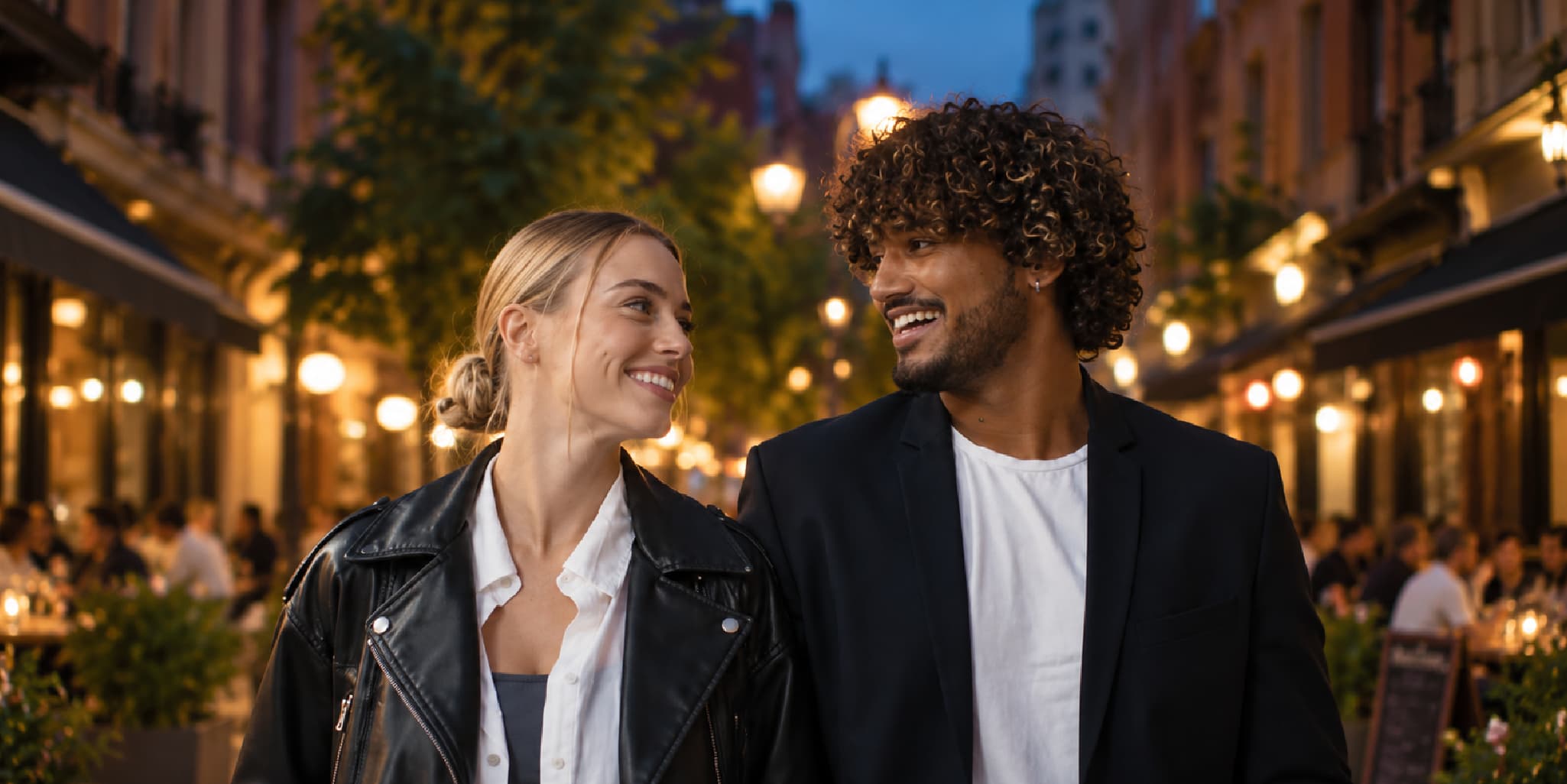 A smiling young woman and man in leather jackets walking together on a lively, lantern-lit outdoor street at dusk, illustrating a couple on a date.
