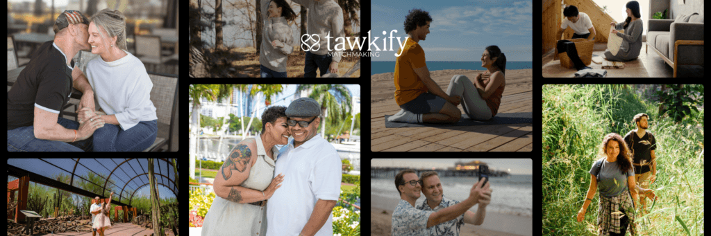 A collage of couple photos who have dated safely using Tawkify matchmaking services.