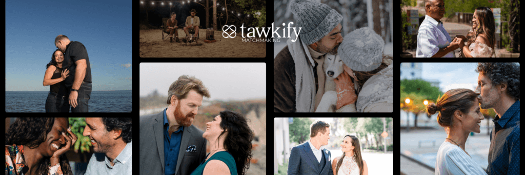 How Tawkify ensures your safety with online dating. A group of eight photographs of happy couples of various ages.