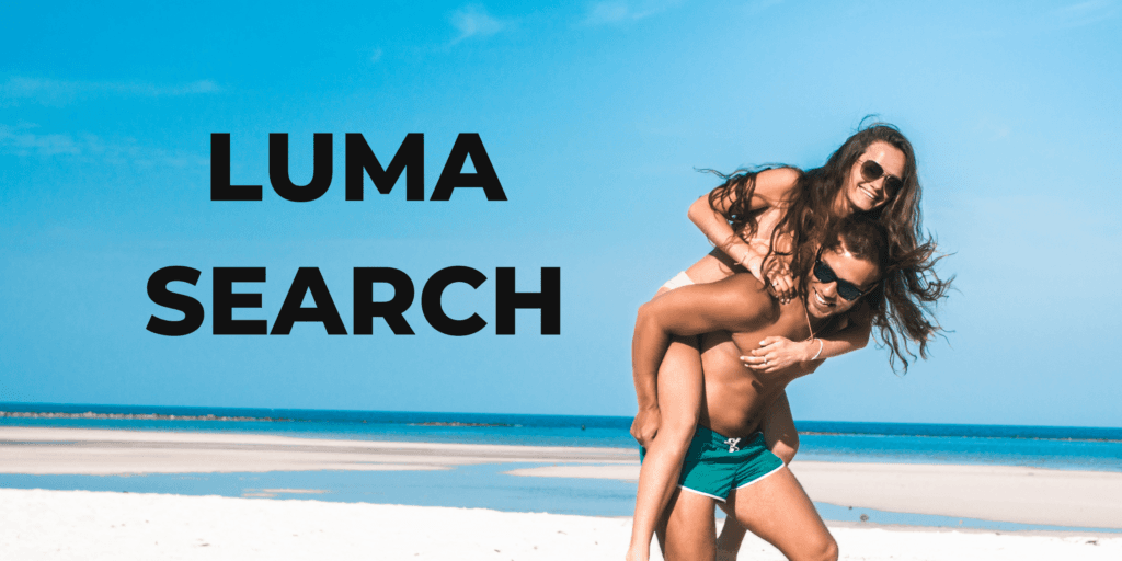 Athletic man in swim trunks giving a woman in a bikini a piggy back ride on the beach for the matchmaking service Luma Search.