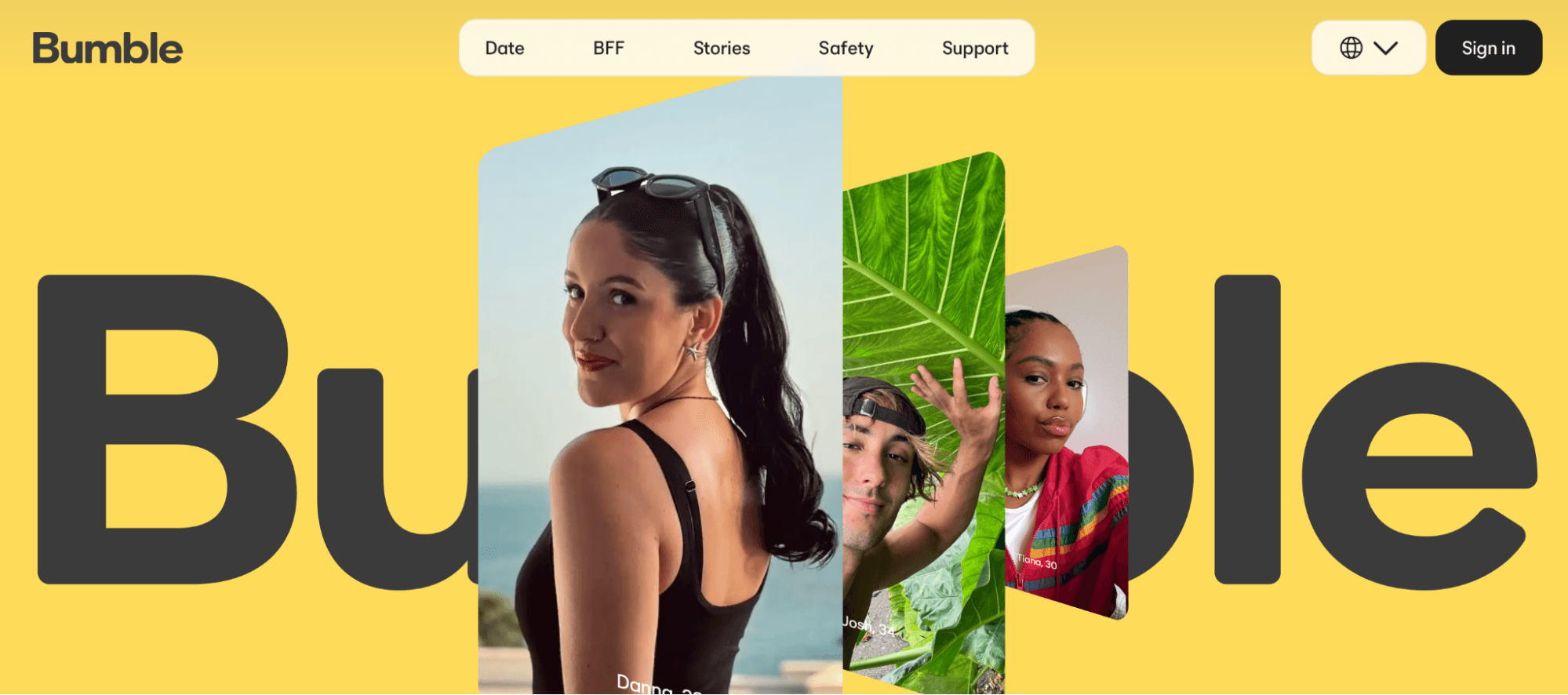 Bumble dating app homepage with yellow background, the Bumble logo, and photos of three women, promoting women-first messaging.