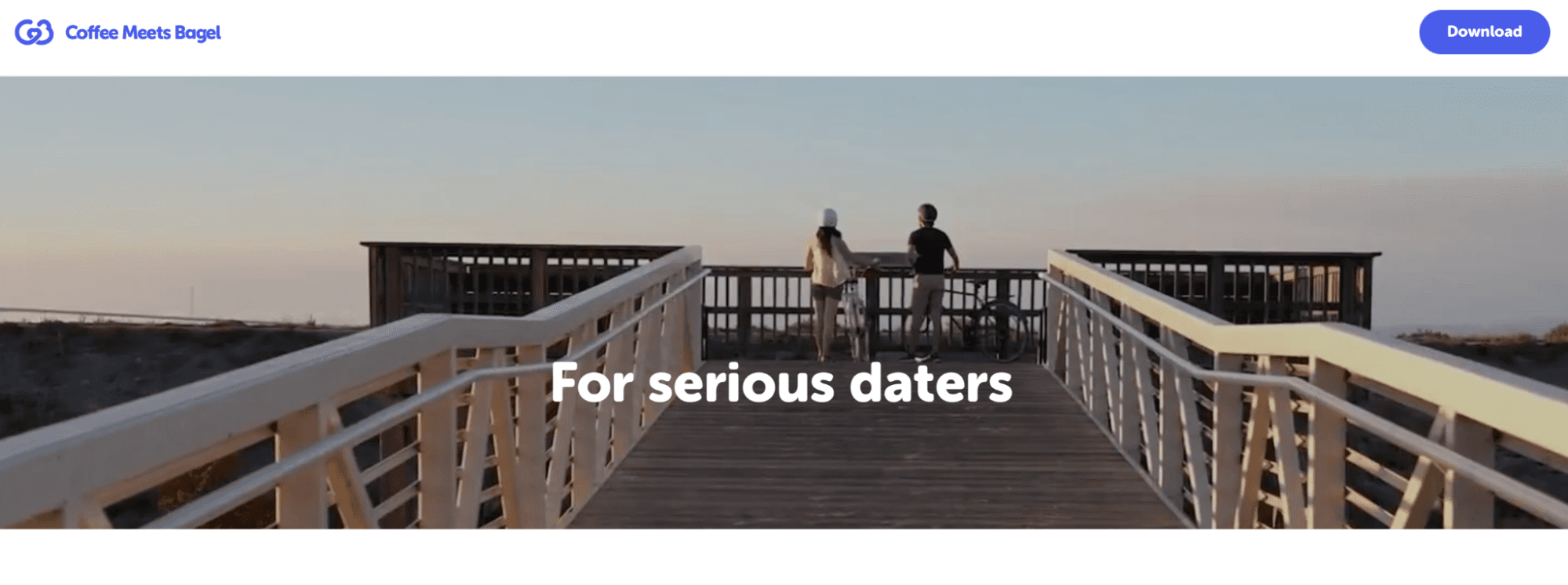 Coffee Meets Bagel app banner showing a couple on a boardwalk at sunset with the text "For serious daters."