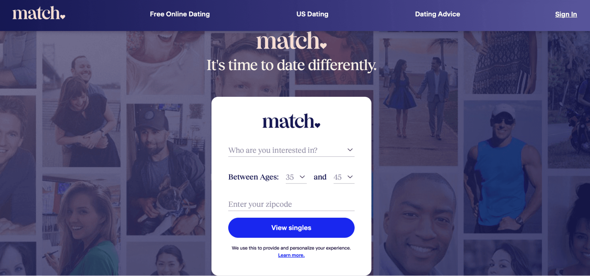 Match.com homepage with the tagline "It's time to date differently" and a sign-up form for age and location.