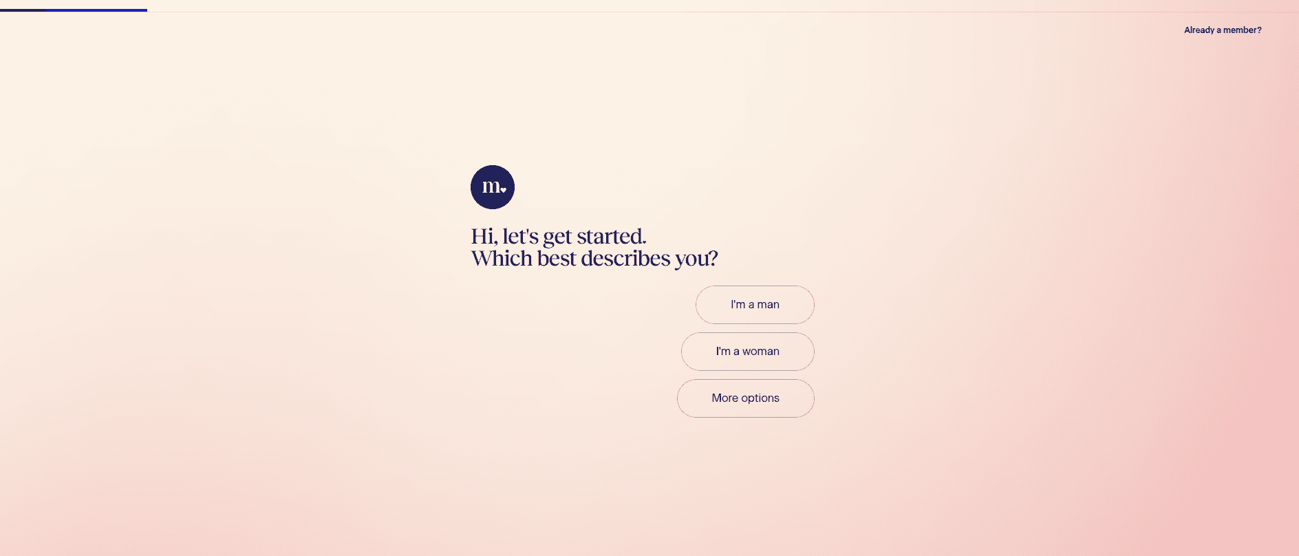 Match sign-up page on a soft pink background asking "Hi, let's get started. Which best describes you?" with options I'm a man, I'm a woman, and More options.