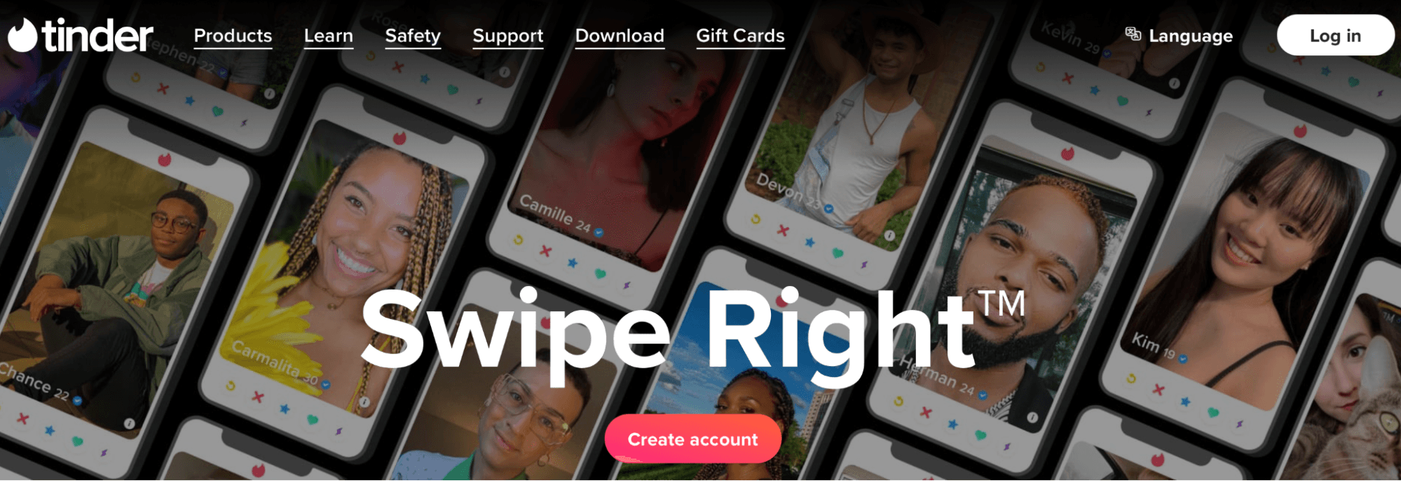 Tinder app website with the "Swipe Right" tagline over a collage of user profile photos.