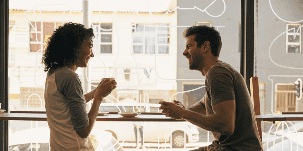 A male and female couple laugh over a coffee date at a local cafe.