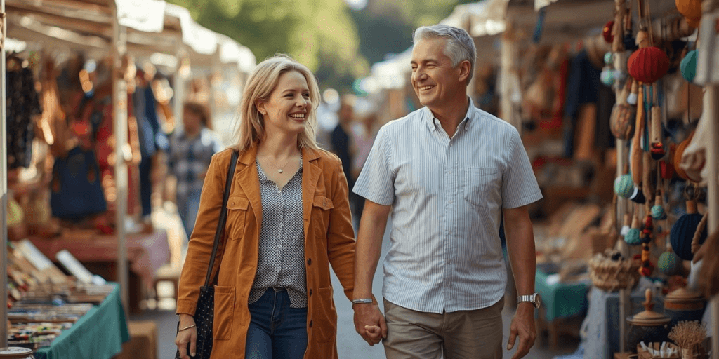 A couple on their first date after long marriages walk through a craft market smiling and holding hands.